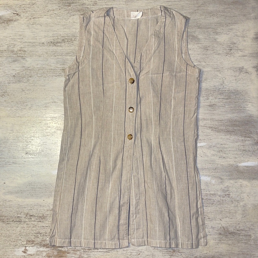 SOLD Vintage Made in Canada 100% Linen Longline Striped Button Down Vest
